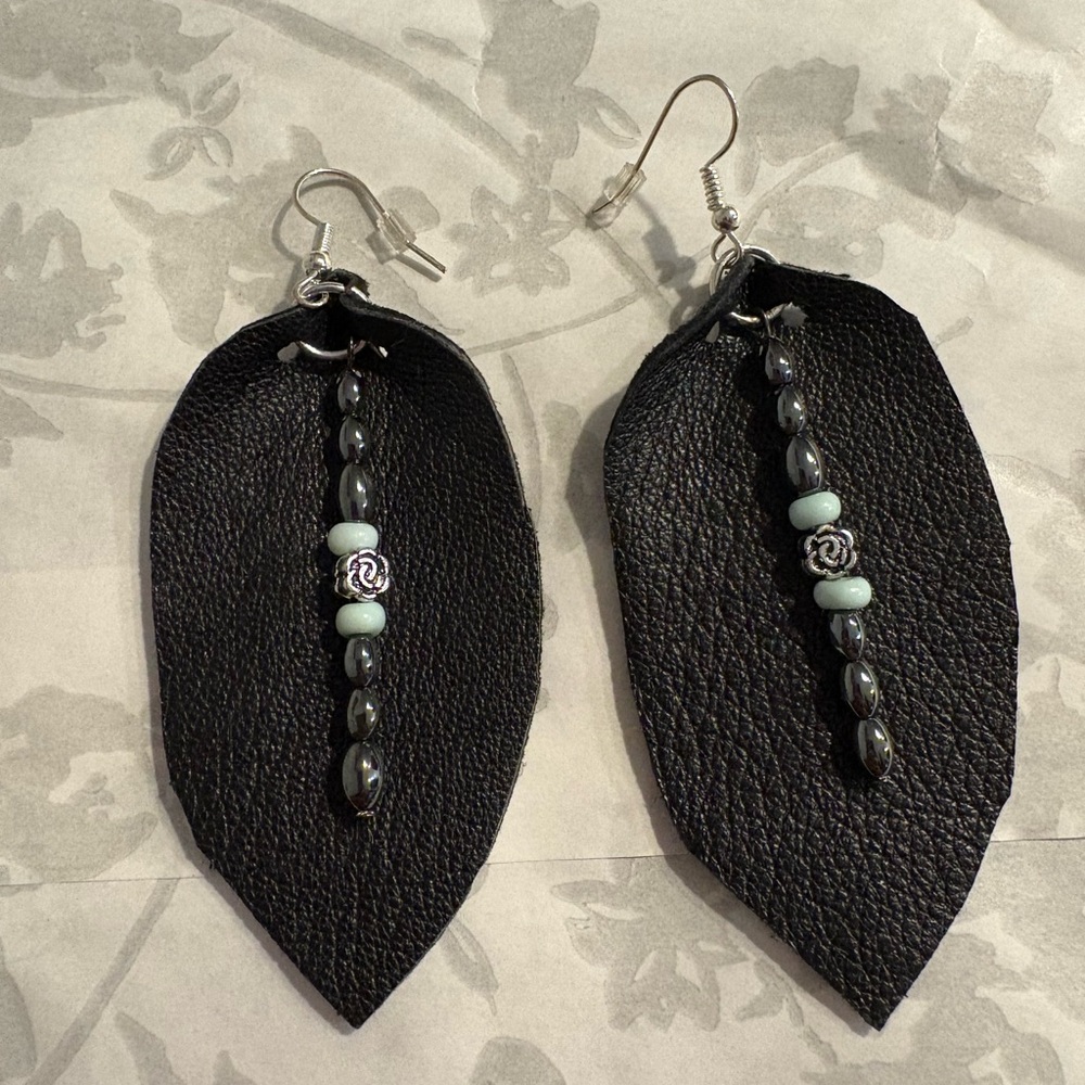 Elegant Black Leaf Earrings with Silver Accents